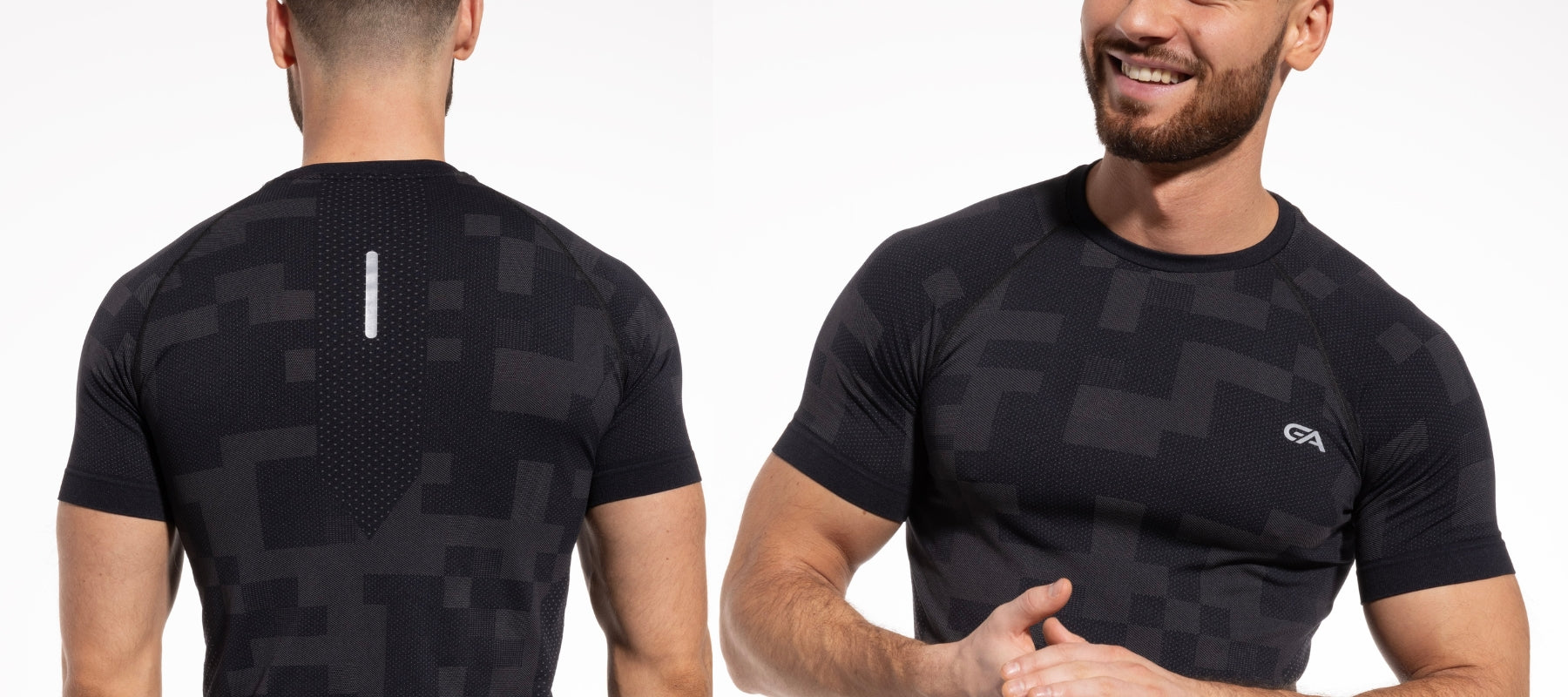Athlete in activewear T-shirt, front and back view showing fit, mesh back panel, and performance fabric design