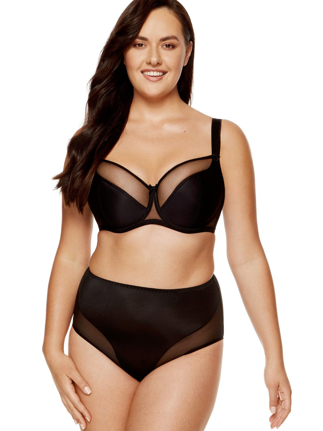 Model wearing black smooth soft bra and high-waist slimming panty set from Spanties Lingerie, Dublin’s leading lingerie boutique