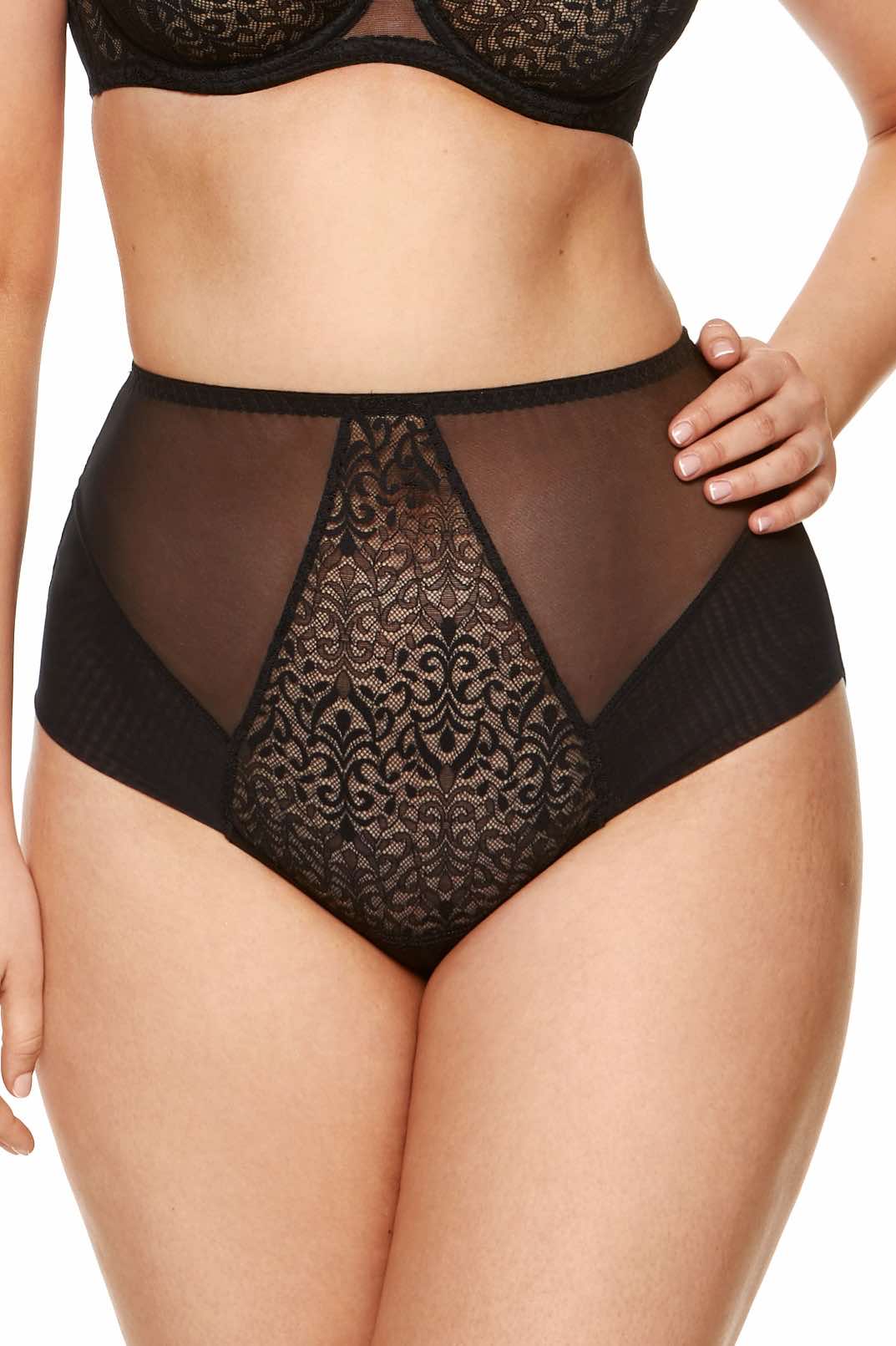 High-waist panties with oriental lace and smooth double tulle back. Cotton crotch with OEKO-TEX® for comfort and safety