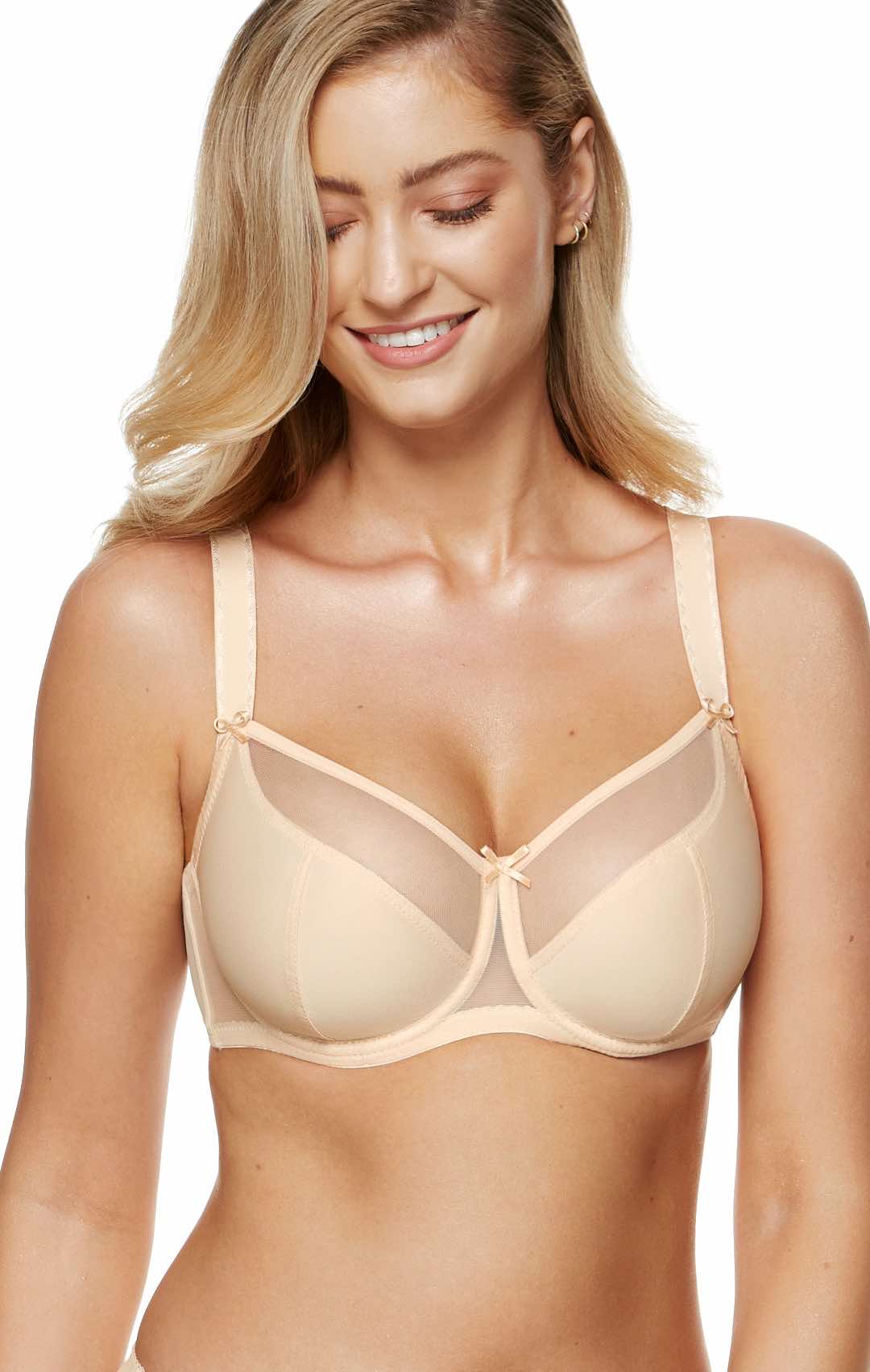 Beige Zara smooth soft bra with three-piece jersey and tulle cups, reinforced tulle back, wide padded straps, and side boning for a secure, comfortable fit