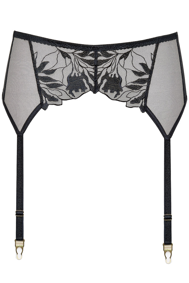 Coco garter belt with shiny floral embroidery, adjustable straps, and three-stage hook closure tailored for perfect fit.