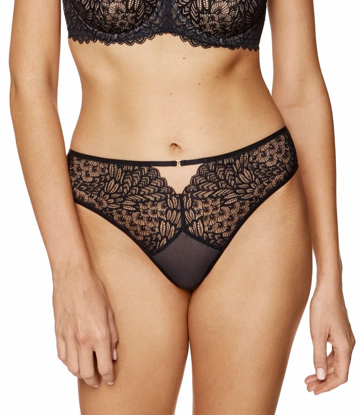 Black lace Brazilian thong with seamless lace back, flattering fit, and OEKO-TEX® cotton crotch for breathable, skin-safe comfort