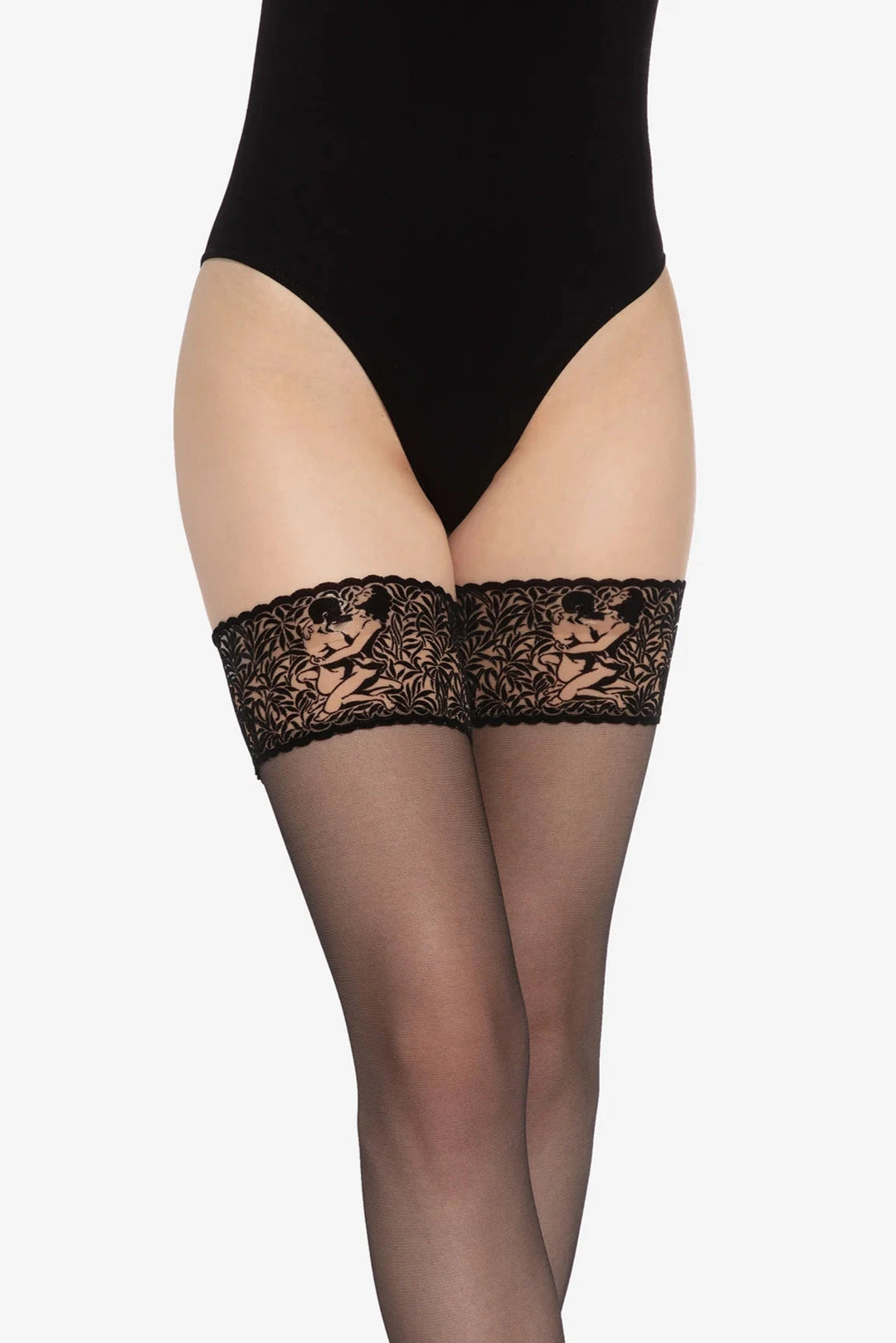 Women wearing elegant erotic hold ups made of transparent Lycra® with a sensual lovers motif, perfect for special occasions.