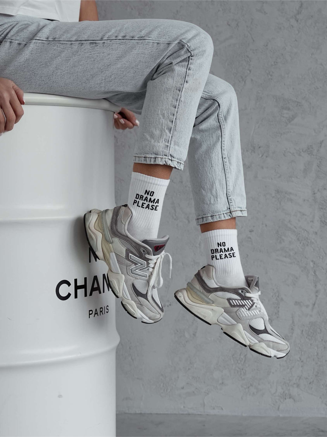 White cotton ankle socks for women with bold “No Drama Please” pattern, comfy and stylish for casual, everyday vibes