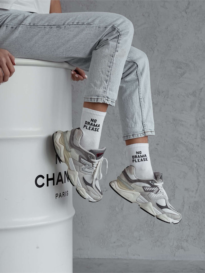 White cotton ankle socks for women with bold “No Drama Please” pattern, comfy and stylish for casual, everyday vibes