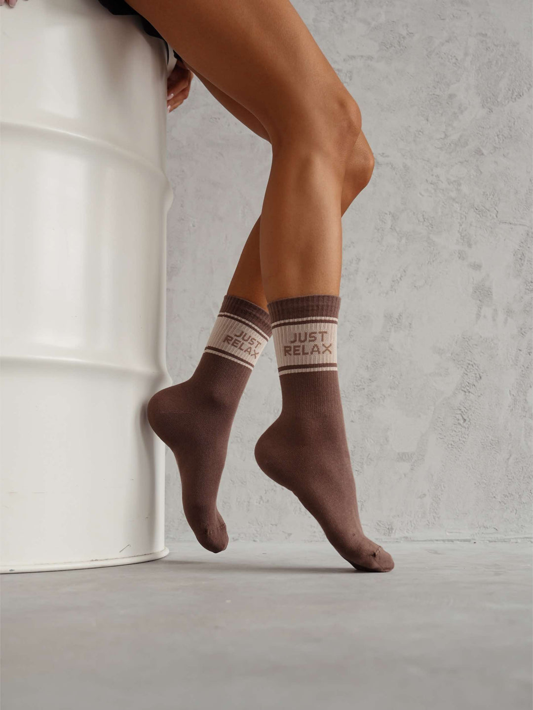 Warm cappuccino cotton socks with “Just Relax” design, comfortable and stylish ankle socks for women’s everyday wear