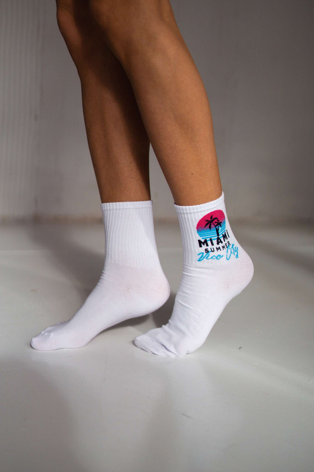White cotton ankle socks with Miami Vice City pattern for women, breathable and stylish for casual daily wear