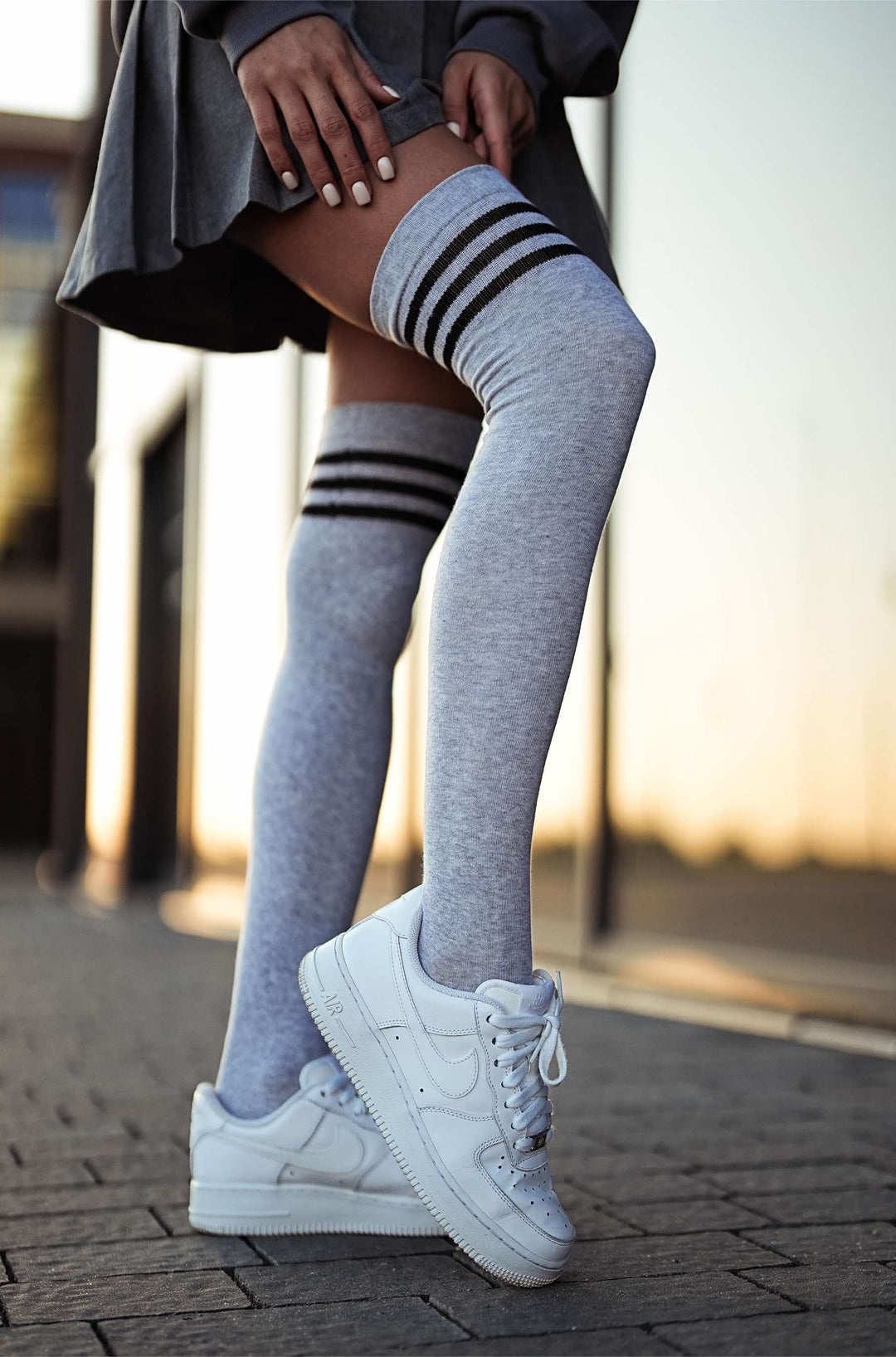 WOMEN'S COTTON OVER KNEE SOCKS WITH STRIPED WELT