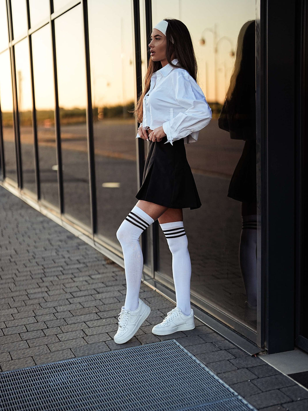WOMEN'S COTTON OVER KNEE SOCKS WITH STRIPED WELT