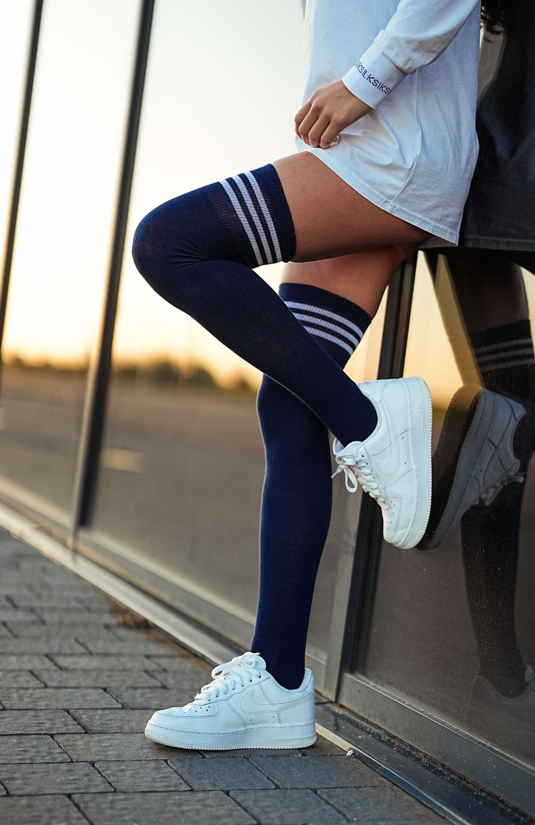 WOMEN'S COTTON OVER KNEE SOCKS WITH STRIPED WELT