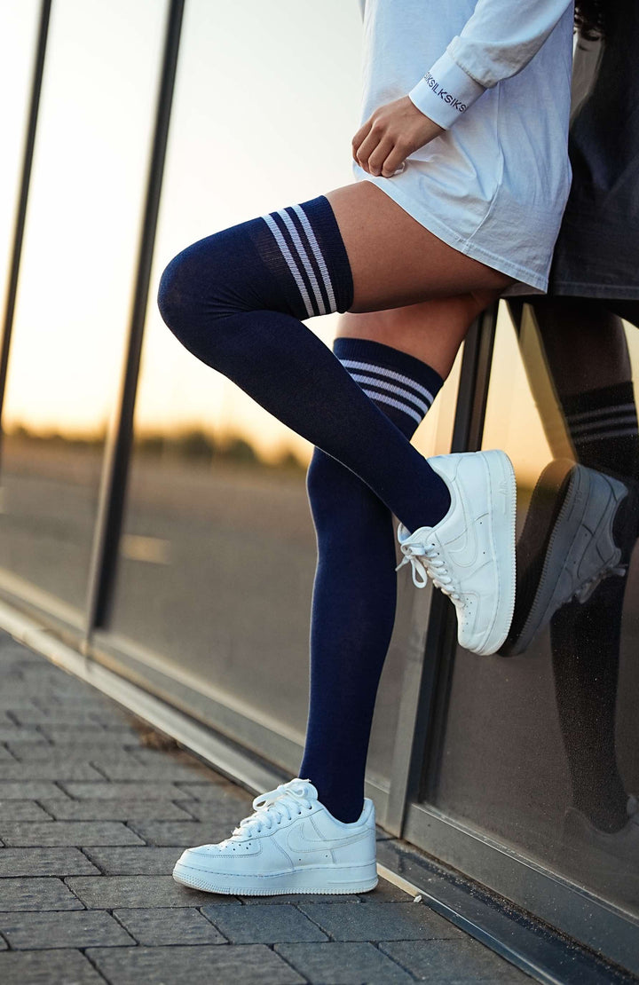 WOMEN'S COTTON OVER KNEE SOCKS WITH STRIPED WELT