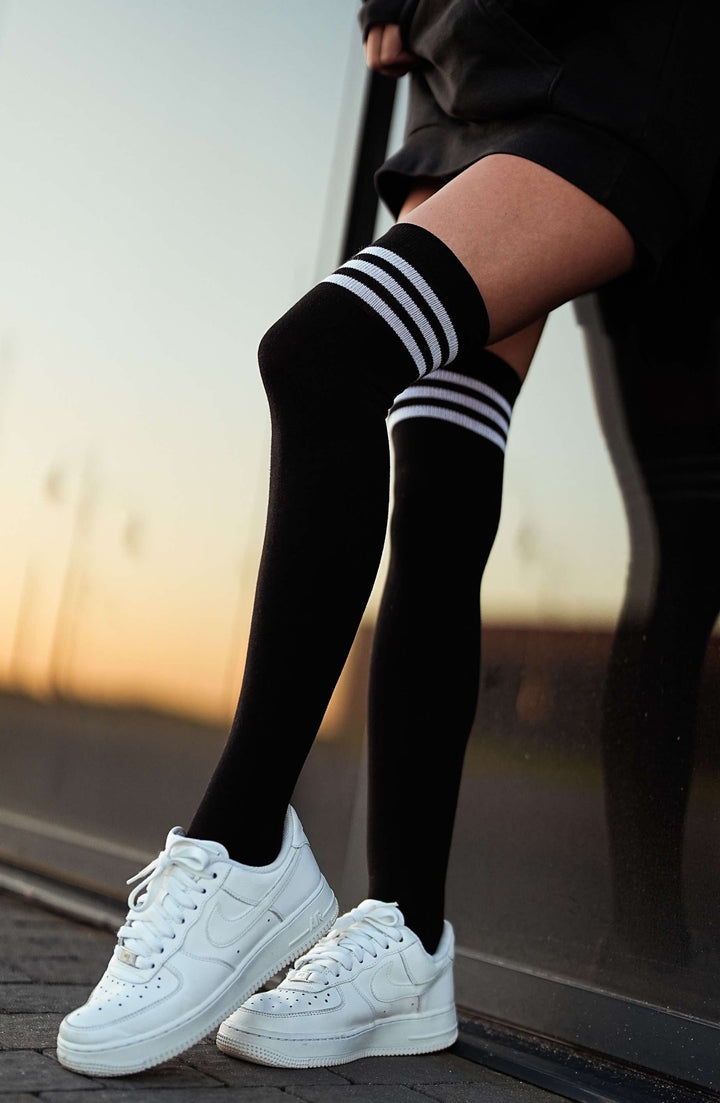 WOMEN'S COTTON OVER KNEE SOCKS WITH STRIPED WELT