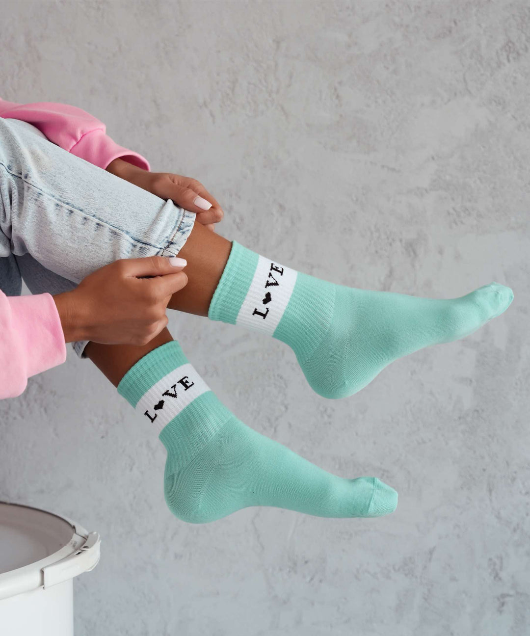 Women’s mint breathable cotton ankle socks with love pattern. Soft, comfortable cotton socks perfect for casual, everyday wear and style