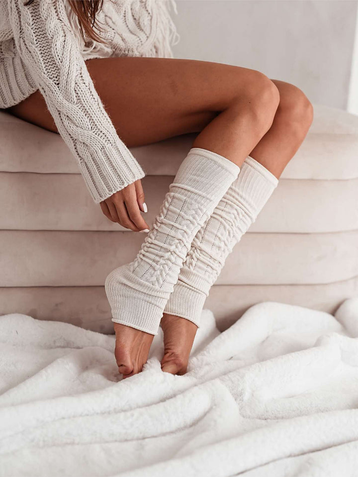 Women’s ecru cotton openwork leg warmers. Breathable, stylish leg warmers perfect for dance, yoga, and everyday cozy wear