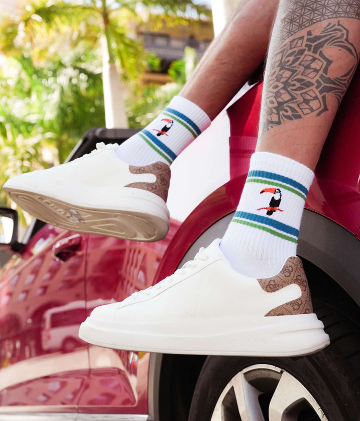 Men’s white sports socks with toucan pattern and elastic ribbed cuffs for secure, pressure-free fit