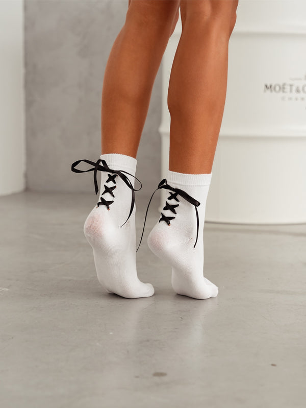White cotton lace socks with back ribbon detail for women, breathable and elegant for casual or dressy everyday wear