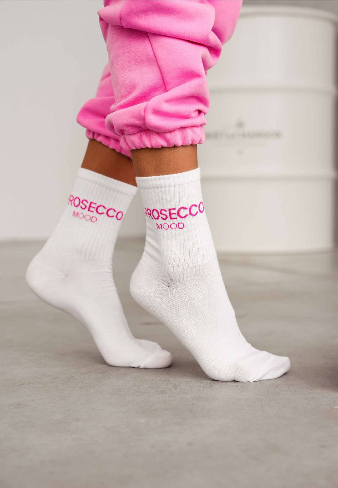 White and pink Prosecco Mood ankle socks for women, made from soft cotton for fun, feminine, and comfortable daily wear