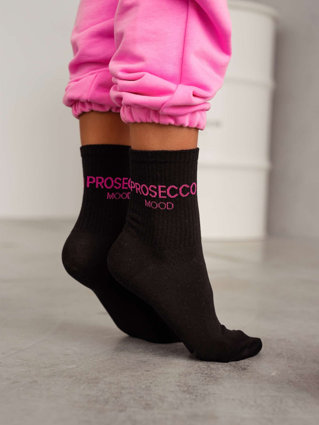 Black cotton socks with Prosecco Mood pattern for women, soft and breathable for stylish everyday wear and casual outfits