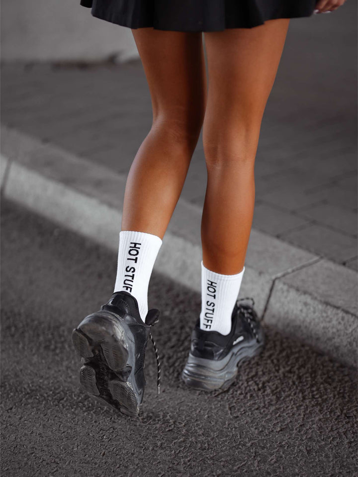 Women’s white cotton ankle socks with Hot Stuff pattern. Soft, breathable socks for comfortable everyday style
