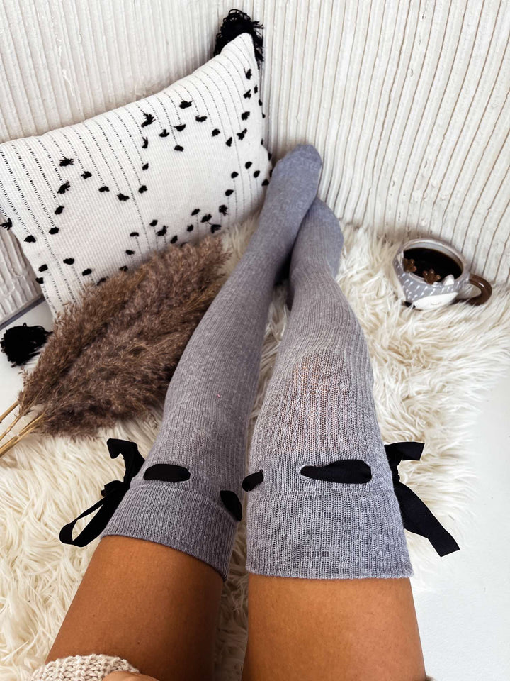 WOMEN'S OPENWORK RIBBON TIED OVER KNEE SOCKS RIBBED