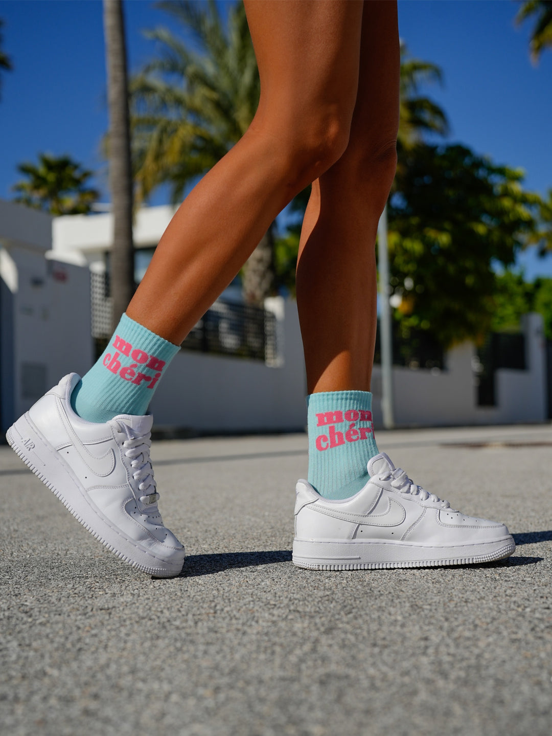 Light blue women’s cotton socks with Mon Chéri design, soft and chic for comfortable daily outfits and relaxed fashion
