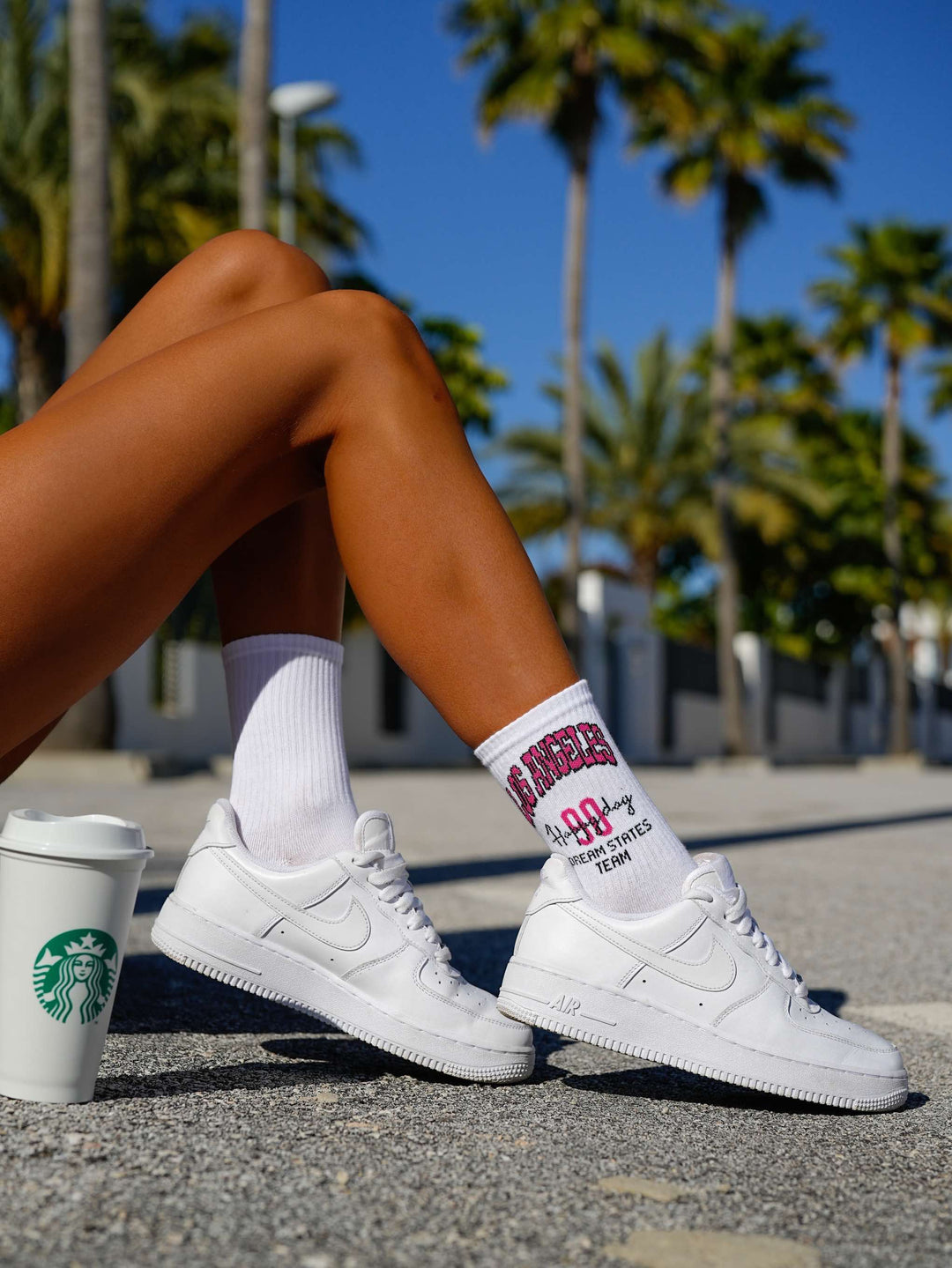 White cotton socks with Los Angeles city pattern for women, breathable and perfect for casual everyday outfits
