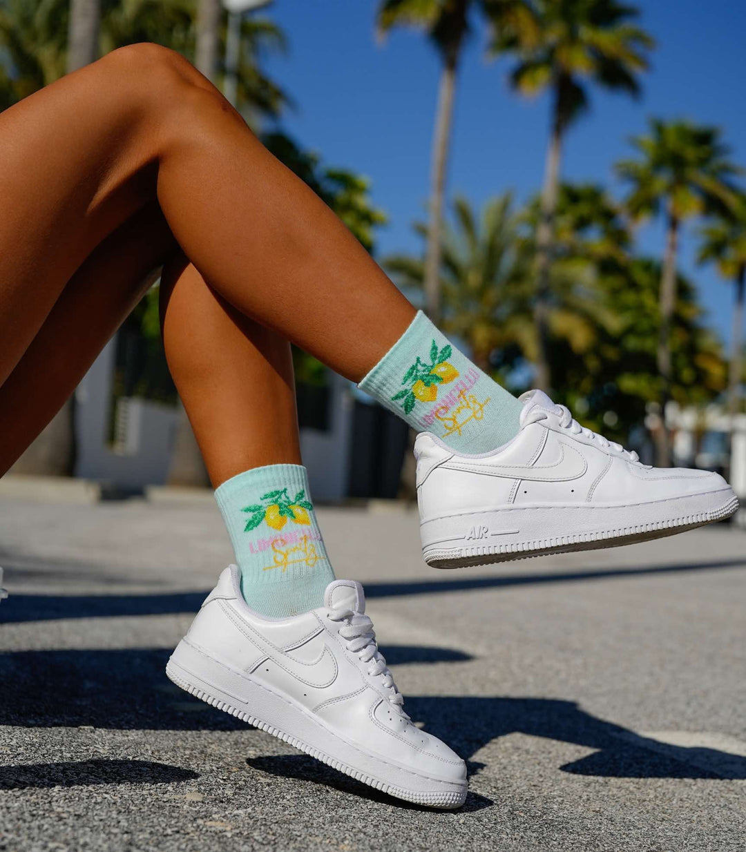 Mint green cotton ankle socks for women with Limoncello design, comfortable and playful for casual summer-inspired outfits
