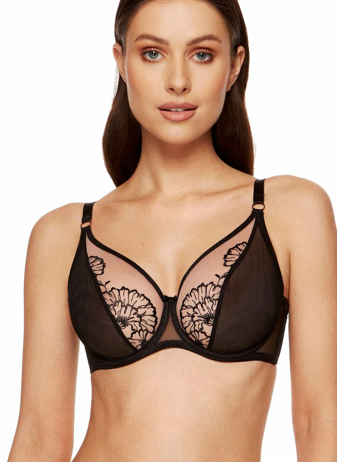Kala black and beige soft bra with sheer triangle cups, floral embroidery, and gold hardware, designed for larger busts