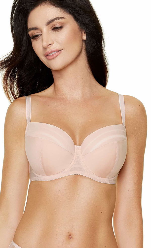 Luna beige padded bra with striped overlay, OEKO-TEX® cotton lining, and side boning for support and shape
