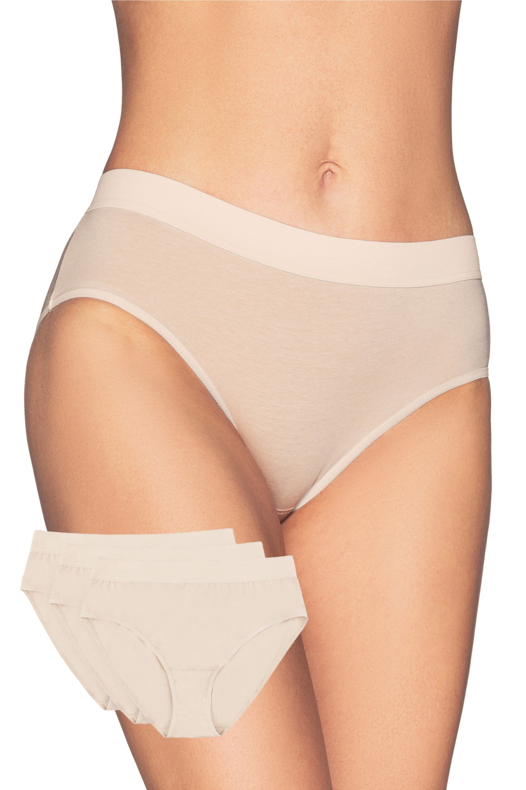 Beige three-pack of 100% cotton panties with elastic waistbands and cotton crotch for breathable comfort and everyday secure wear