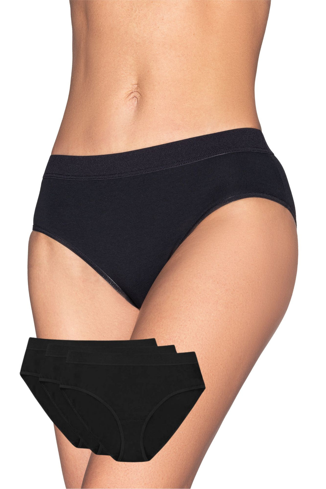 Black three-pack of 100% cotton panties with elastic waistbands and cotton crotch, offering breathable comfort for everyday and period use
