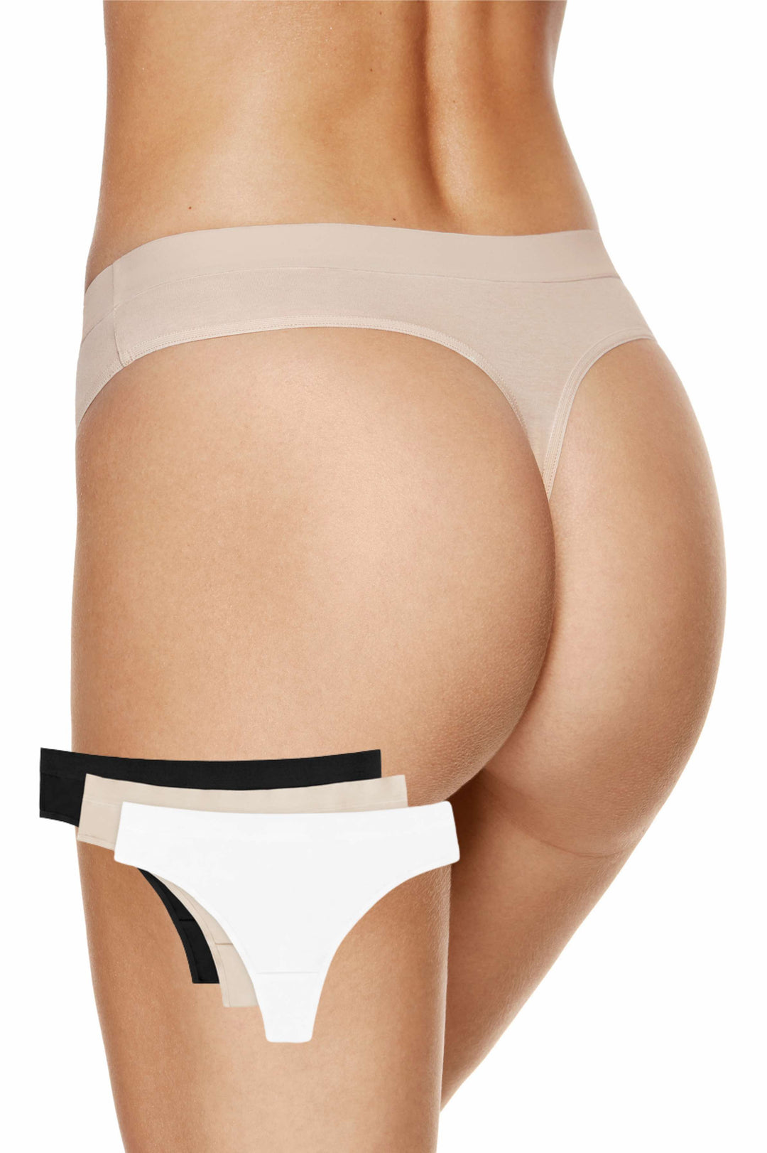 Three-pack of 100% cotton no-VPL thongs in black, beige, and white with soft waistbands and cotton crotch for breathable, skin-kind comfort