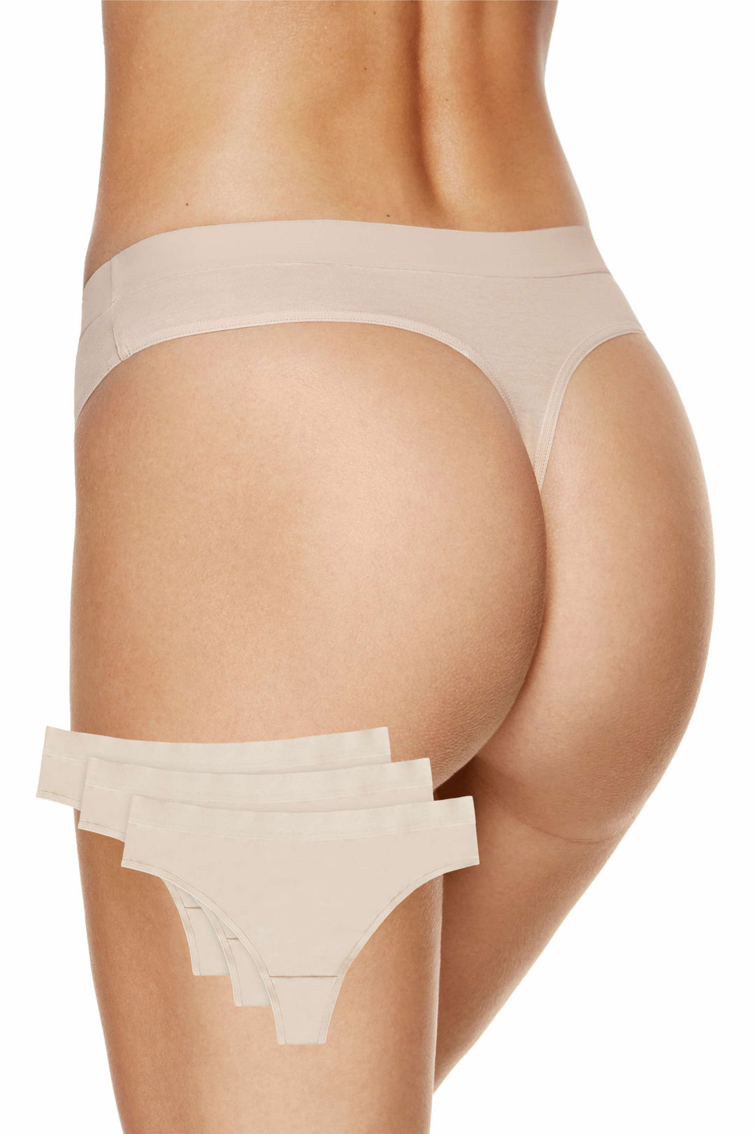 Three-pack of 100% cotton no-VPL thongs with wide elastic waistband and breathable cotton crotch for skin-friendly everyday comfort
