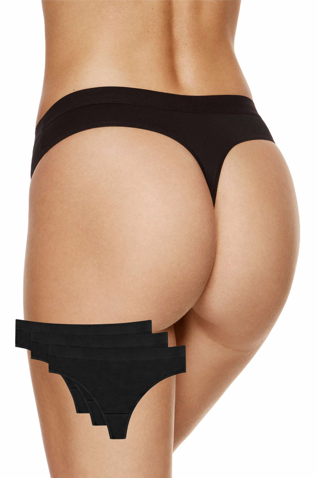 Black no-show thong in 100% cotton with wide elastic waistband and breathable gusset for discreet, skin-friendly, all-day comfort