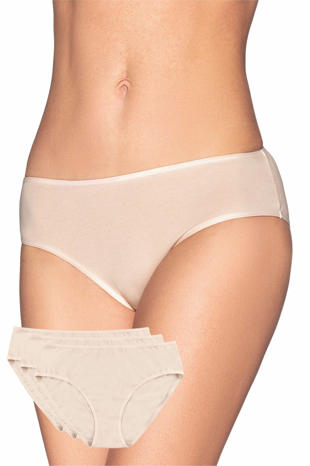 Three-pack of beige no-VPL panties with regular elastic waistband and breathable cotton crotch. Made from 100% cotton in Poland for comfort
