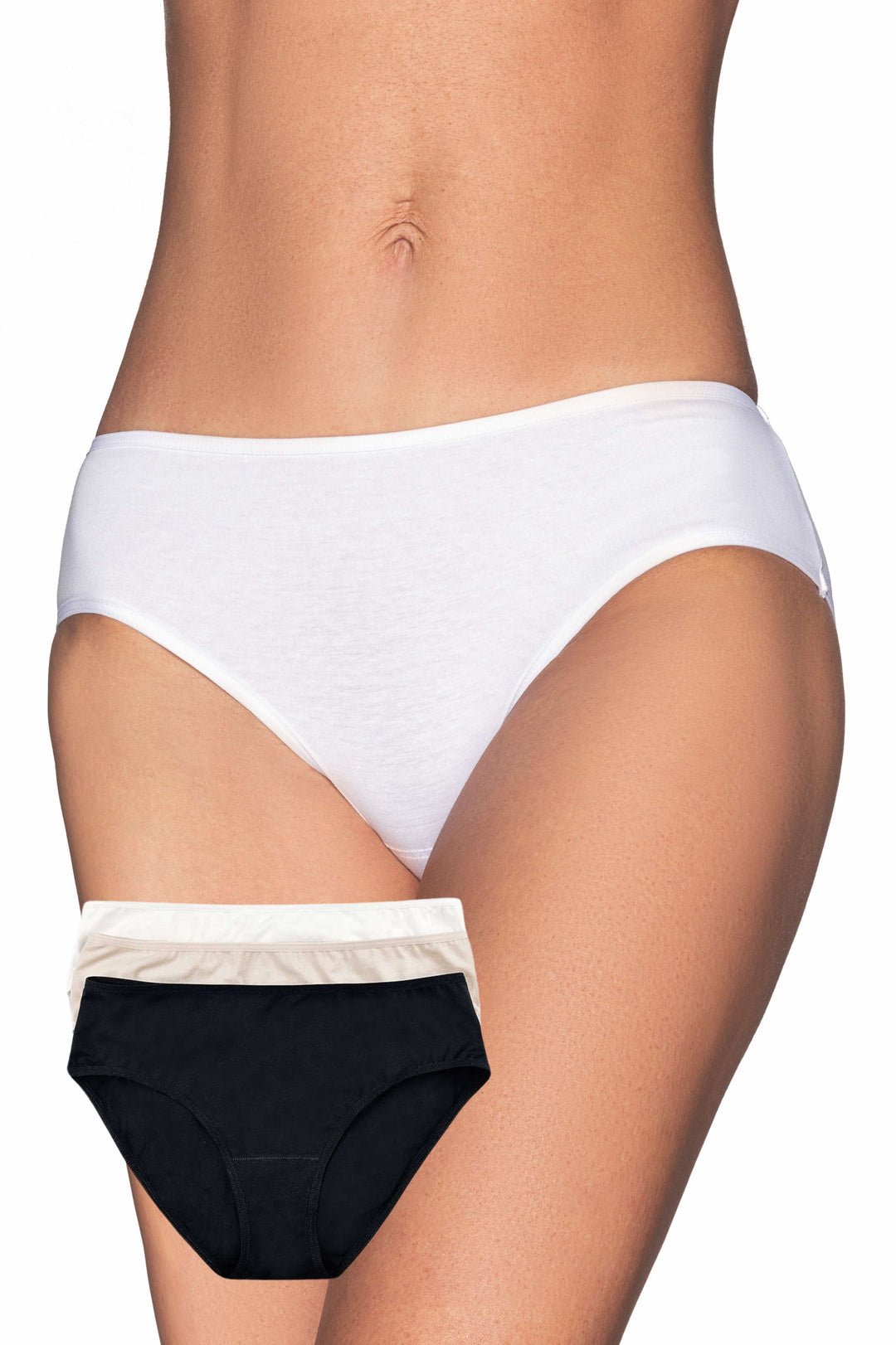 Three-pack of no-VPL panties in black, beige, and white. Made of 100% cotton with elastic waistband and breathable cotton crotch