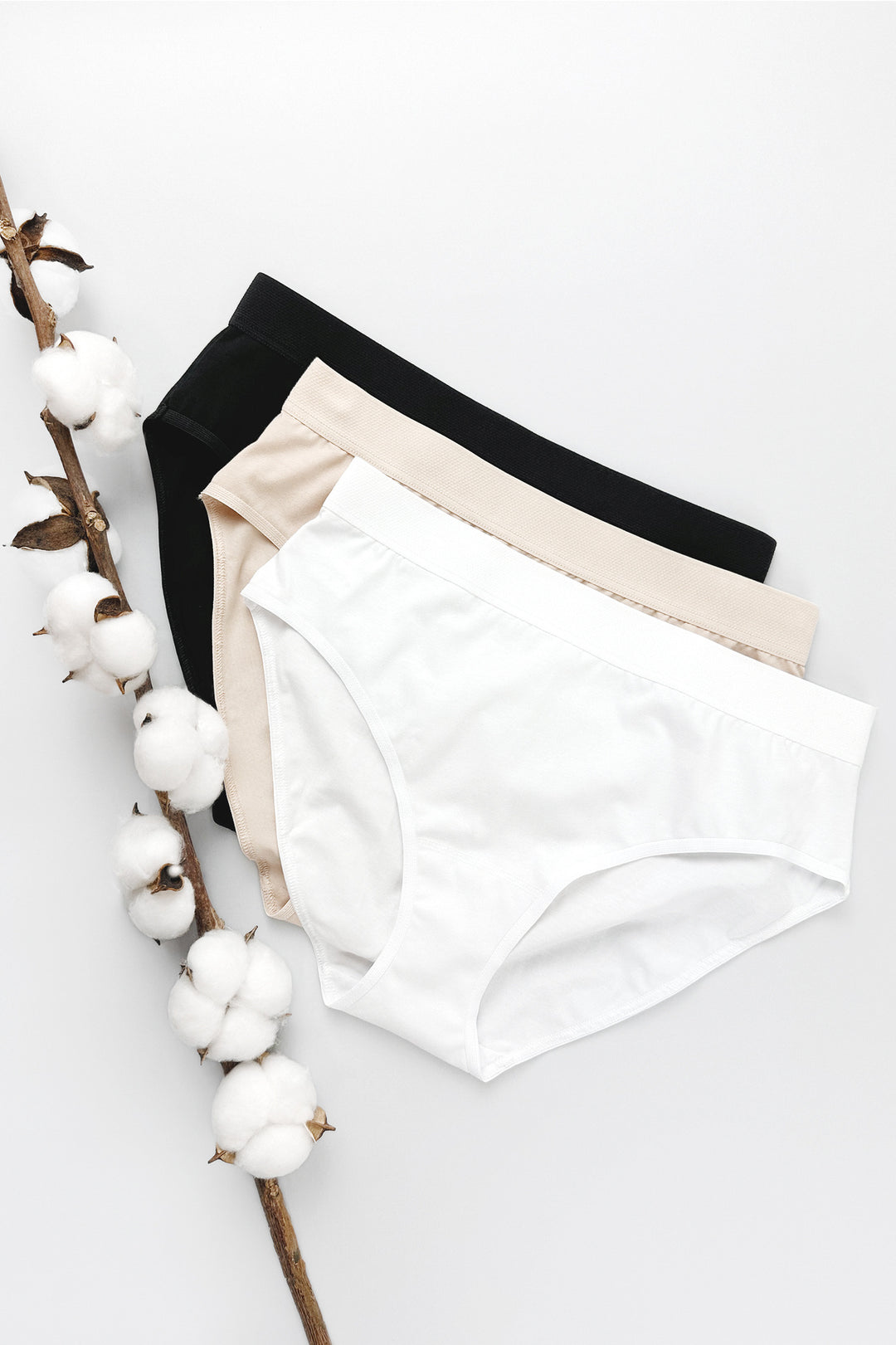 Three-pack of 100% cotton panties in black, beige, and white with elastic waistbands, cotton crotches, and classic fit