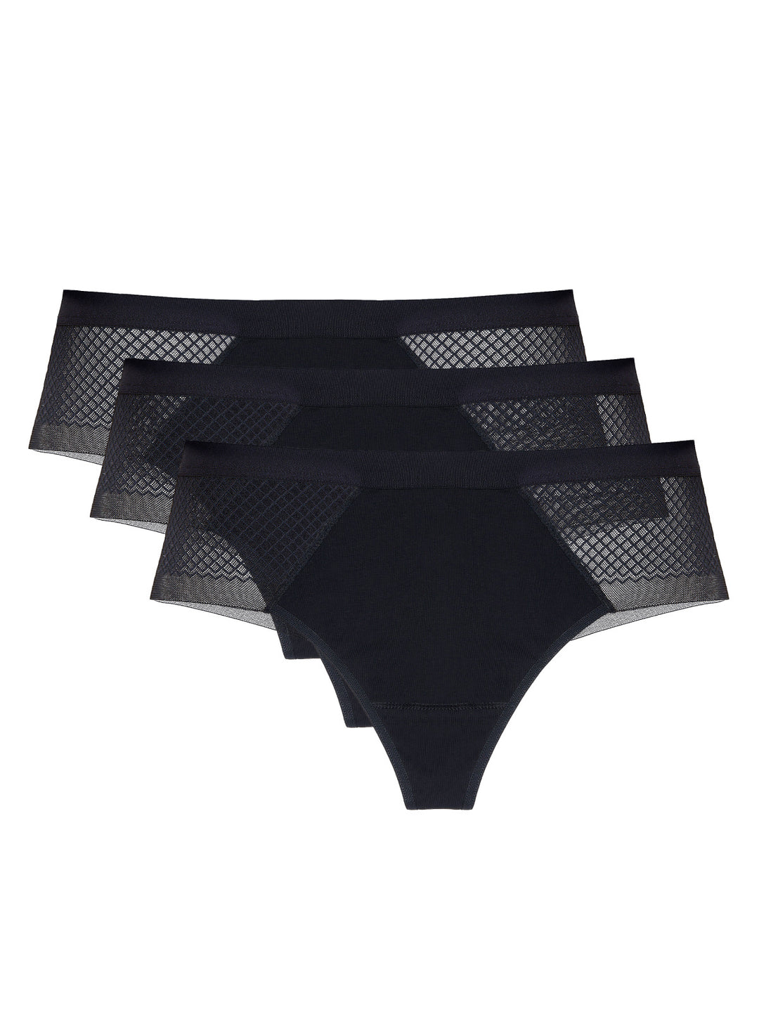 Three-pack of Brazilian thongs with lace back, curve-enhancing fit, and breathable OEKO-TEX® cotton crotch for invisible, everyday comfort