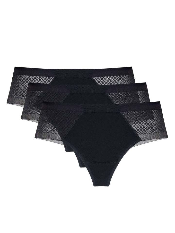 Three-pack of Brazilian thongs with lace back, curve-enhancing fit, and breathable OEKO-TEX® cotton crotch for invisible, everyday comfort