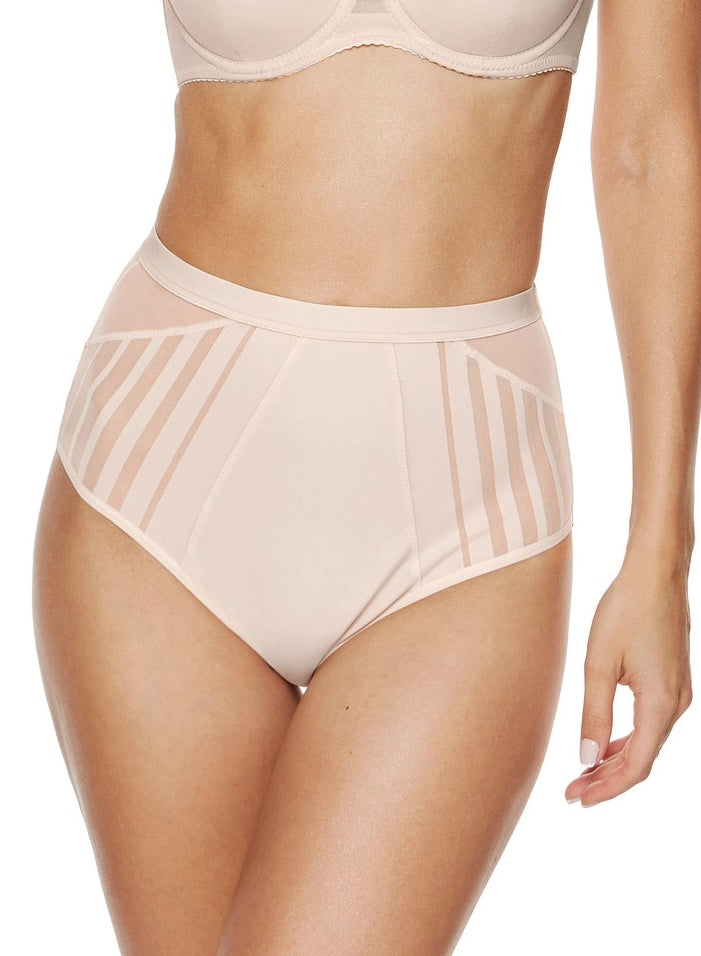 Tempting high-waist panties in soft striped fabric and elastic tulle, featuring wide waistband and smooth back, designed to smooth waist and highlight curves.
