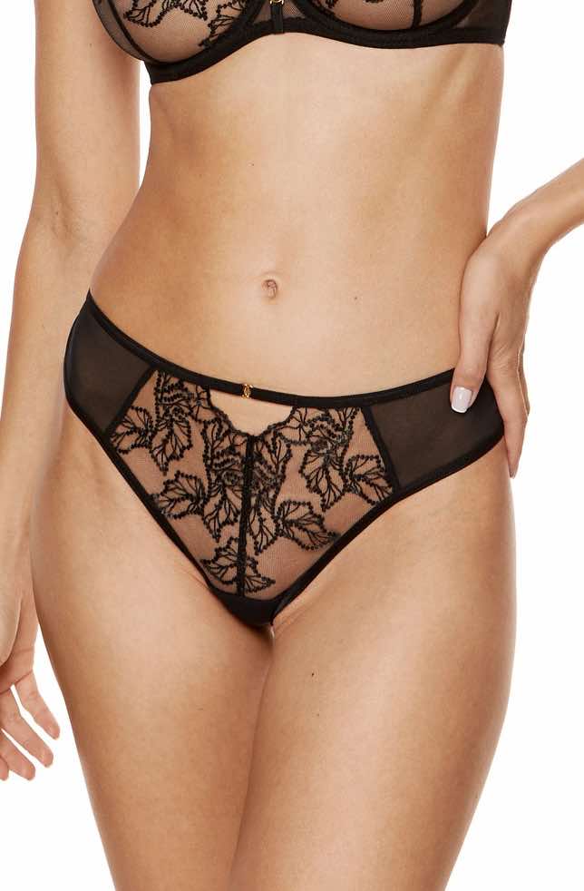 Madame thong with floral embroidery, gold accent, seamless tulle back, and breathable OEKO-TEX® cotton crotch for comfort and elegance